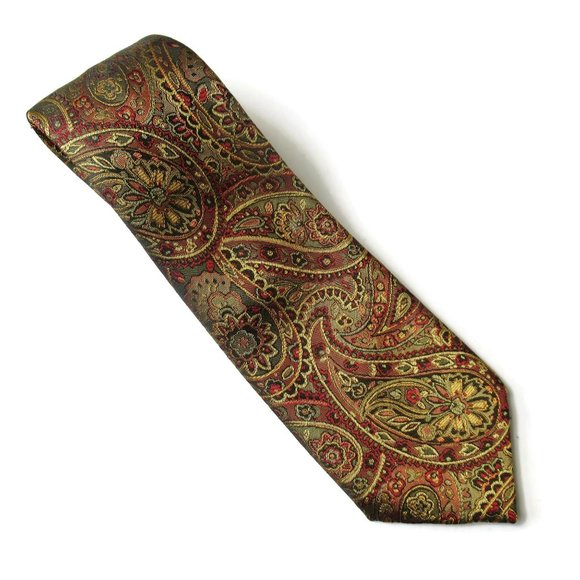 Paisley Men's Tie Mid Century Gold Brown Red Woven Brocade Effect 1970s Look - Picture 4 of 5